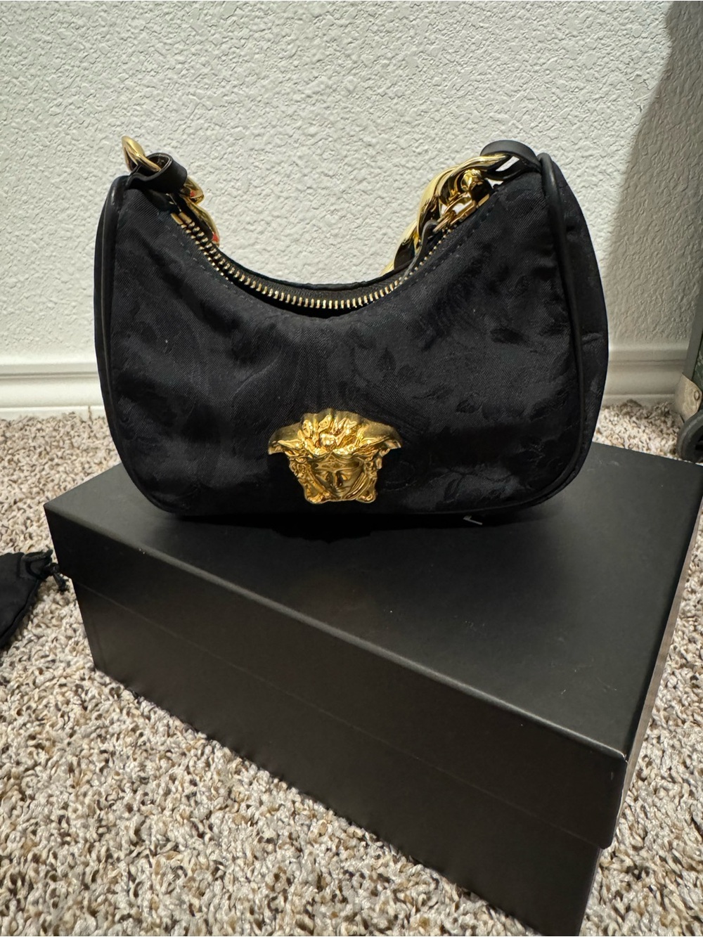 Girls Versace Black Purse with Gold Medusa Accent